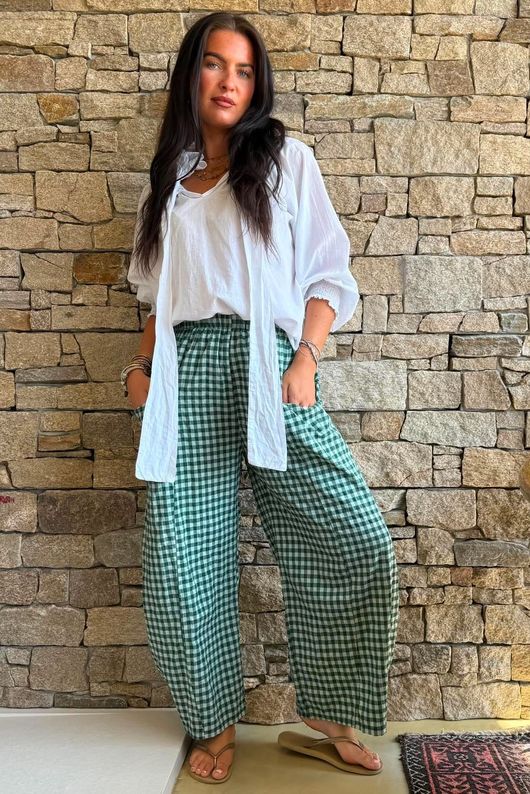 Nonni Gingham Relaxed Barrel Pant Forest